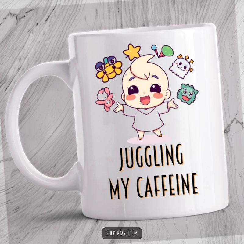 Funny cheerful character skillfully juggling several vibrant stickers on a mug, radiating happiness and playful energy.
