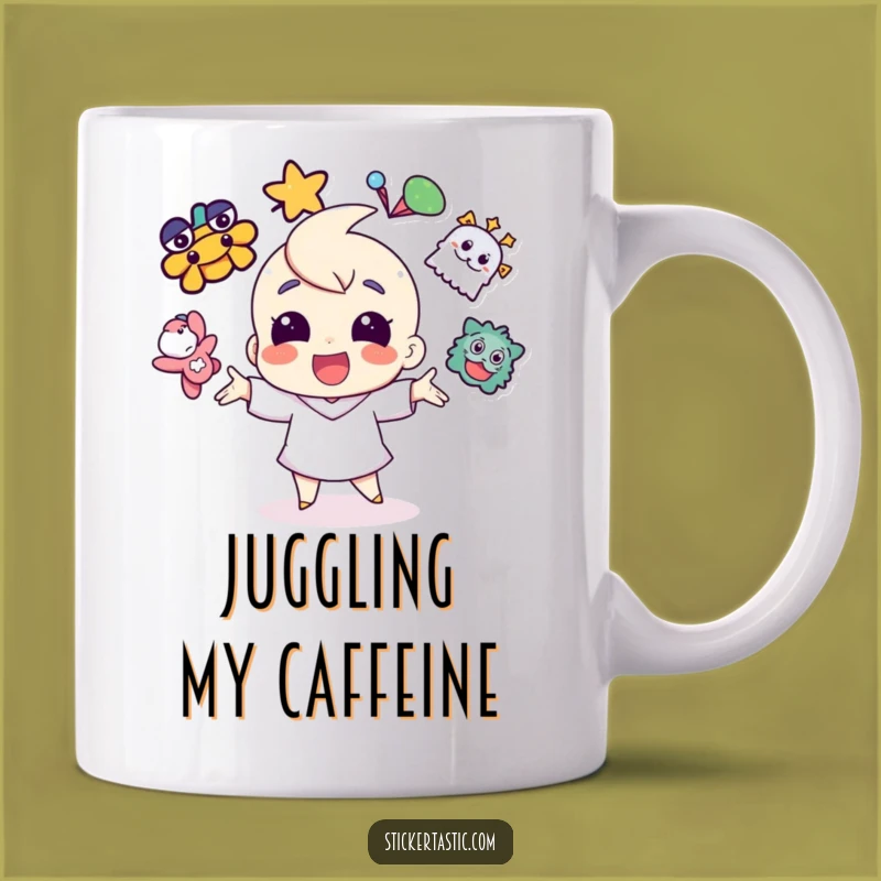 Funny Sticker Juggling Character Mug - Colorful & Joyful Gift