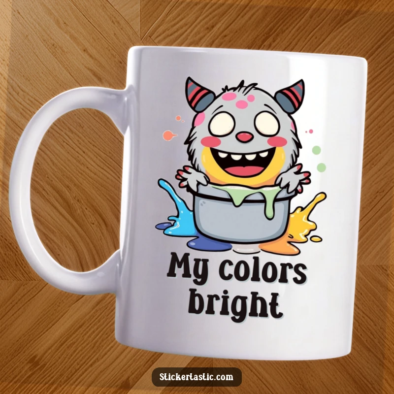 Funny monster character giggling uncontrollably while splashing bright paint in a giant pot, perfect for an art lover's mug.