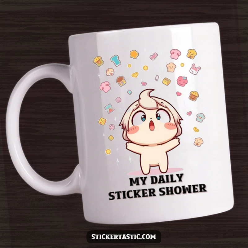 Funny mug depicting a cartoon character looking up in shock as colorful stickers rain down, expressing joyful surprise and sticker obsession.