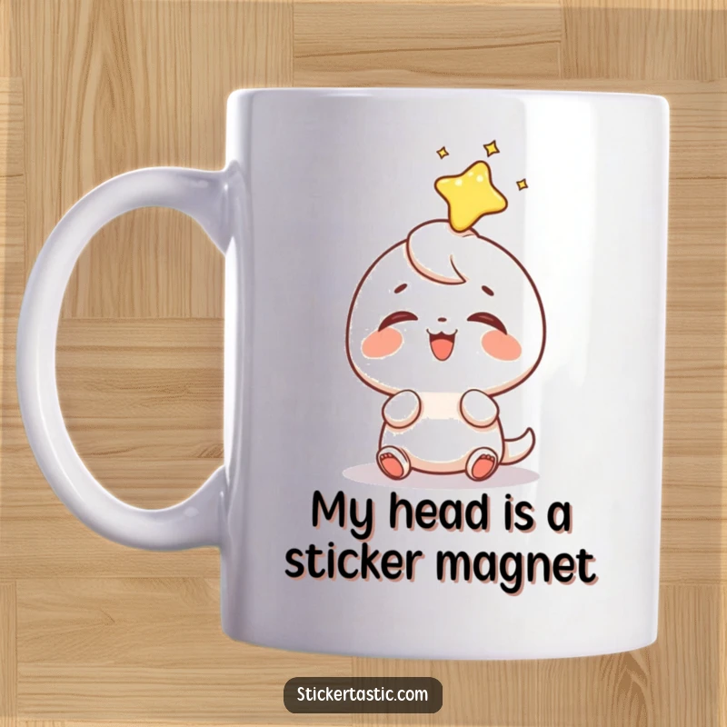 Funny sticker head mug showing a tiny character gleefully receiving a shiny sticker as a surprise gift on its head.