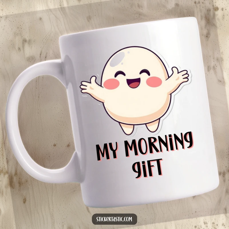 Funny blob mug featuring a smiling character with arms outstretched, joyfully offering a colorful sticker, symbolizing generosity and happiness.
