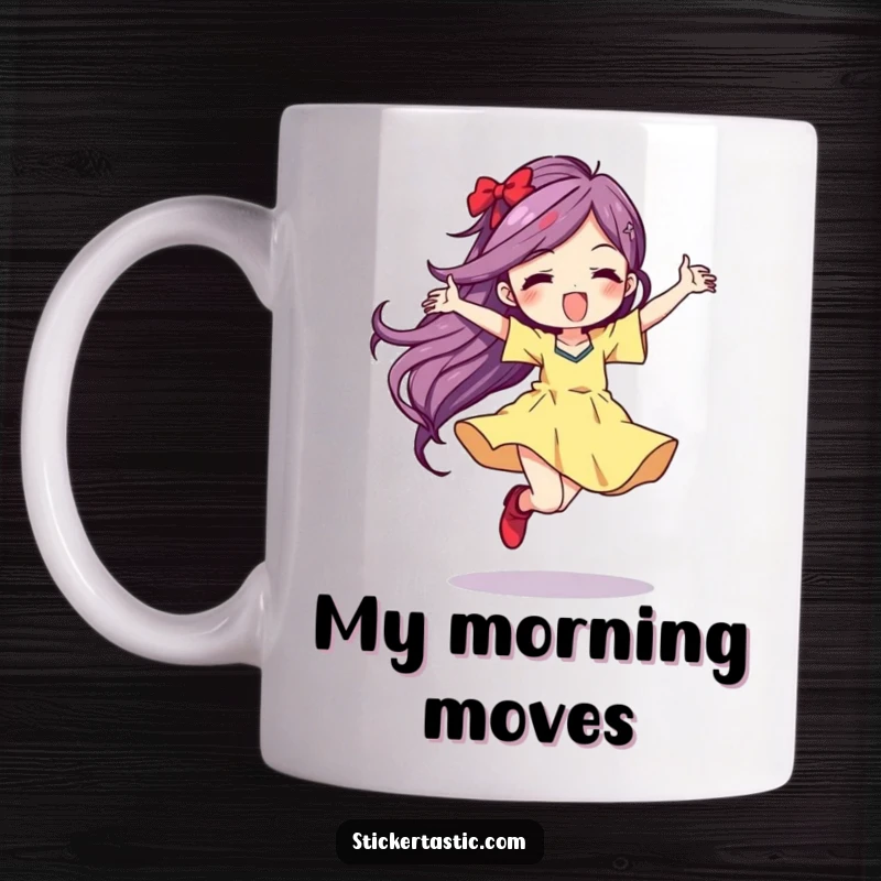 Funny Mug featuring a character dancing wildly, leaving a vibrant color streak, radiating pure joy and energy.