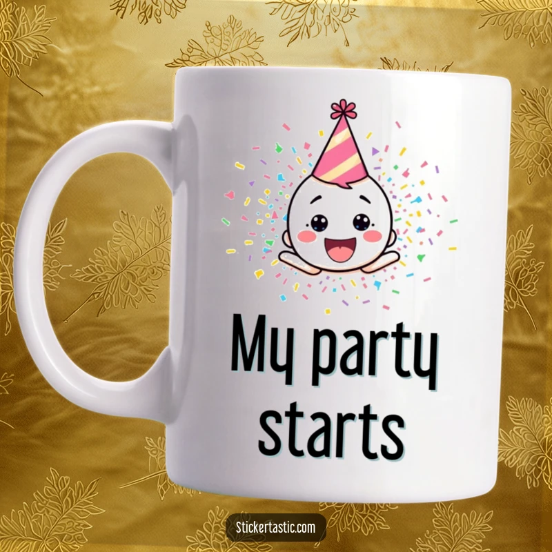 Funny mug illustration of a happy cartoon character in a party hat exploding in a shower of colorful confetti.