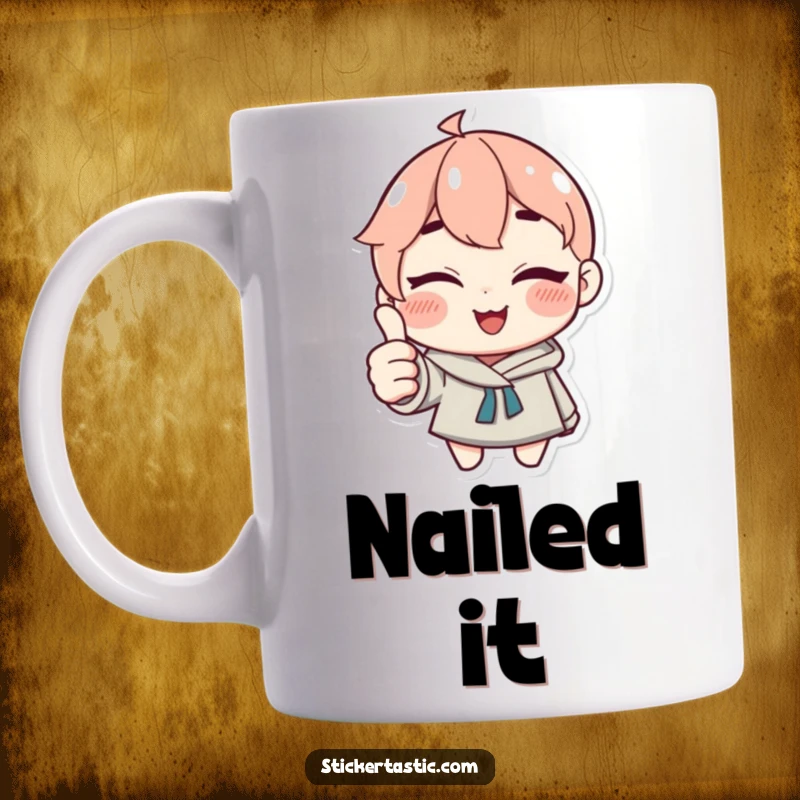 Funny Mug: Character winking and giving a thumbs up with a sticker, looking cool and confident. Ideal funny gift.