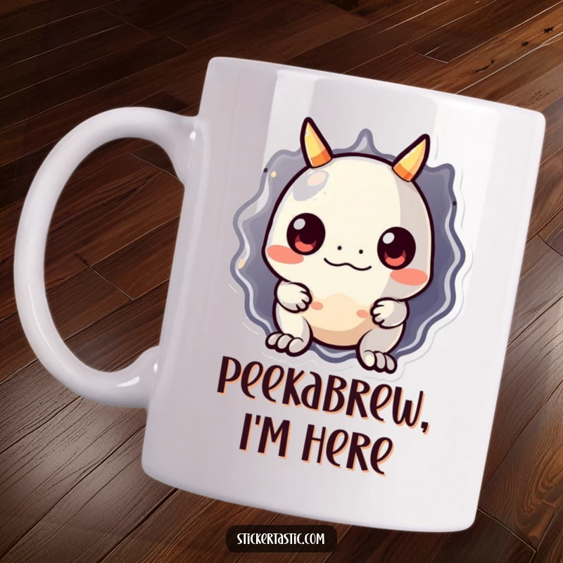 Funny monster mug with a cute, shy monster peeking playfully from behind a large, glossy sticker. Expressing curiosity and fun.