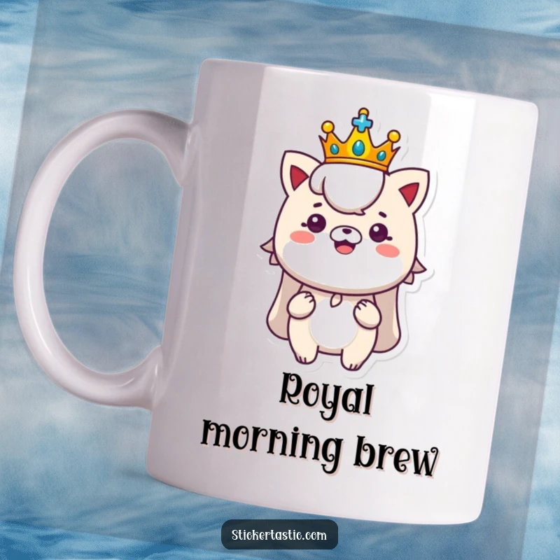 Funny royal sticker mug featuring a character with a tiny crown proudly displaying a shiny new sticker, a humorous and regal gift.