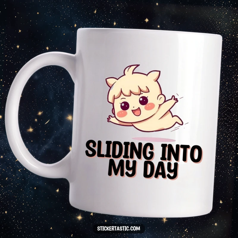 Funny mug showing a character confidently sliding across a surface with a joyful and determined expression, full of purpose.