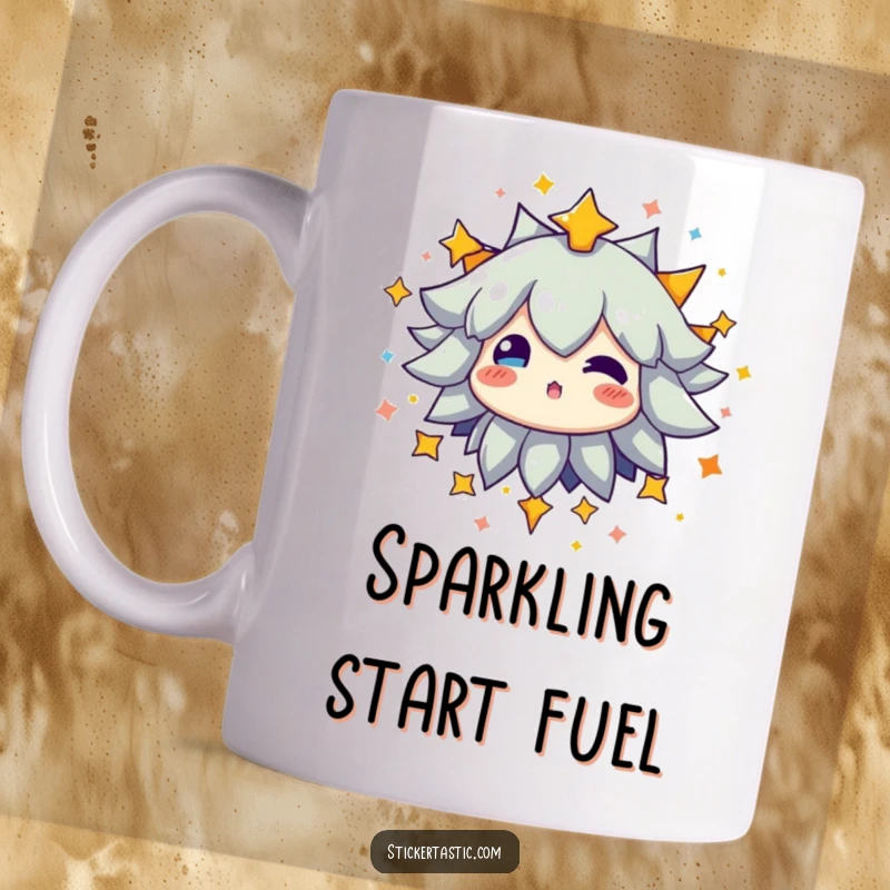 Funny mug featuring a character surrounded by a dazzling explosion of bright, multi-colored stars, radiating positive energy.