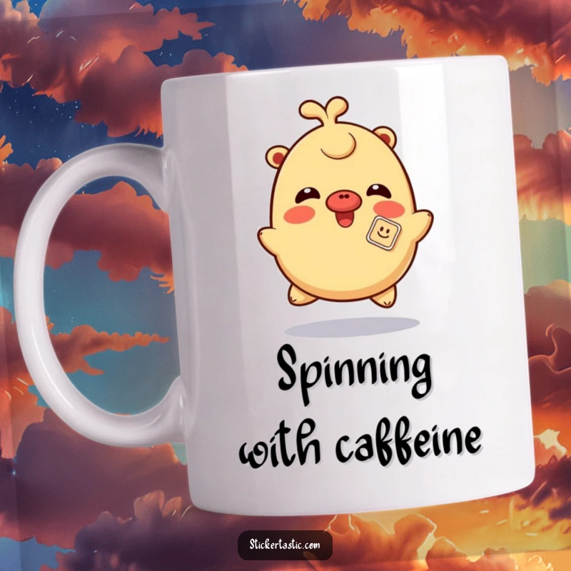 Funny giggling sticker mug featuring a character spinning with a sticker playfully stuck on its nose, a hilarious and joyful gift.
