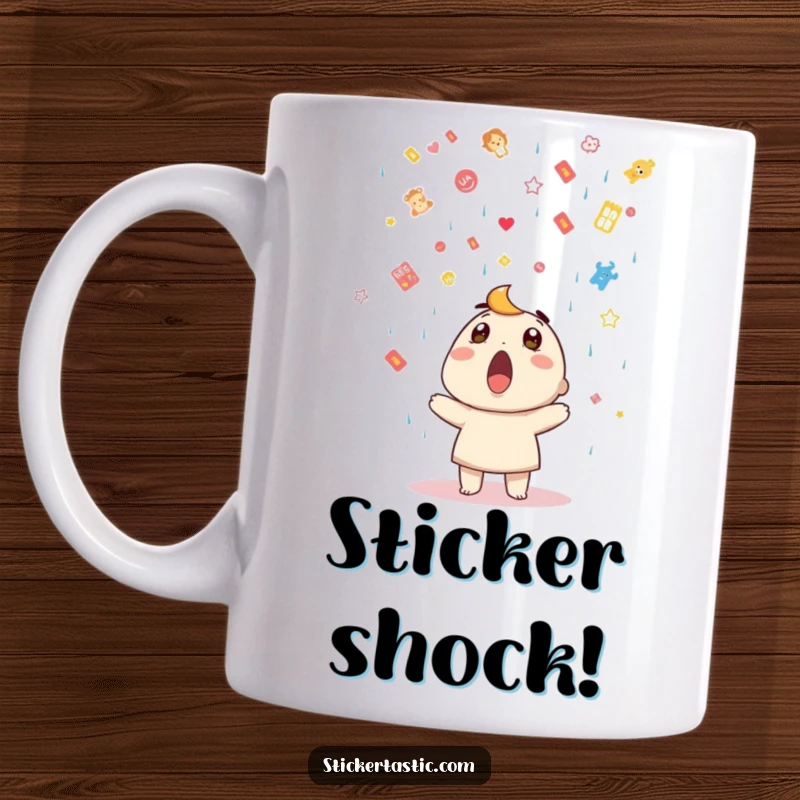 Funny mug featuring a surprised character looking up as a delightful shower of colorful stickers rains down.