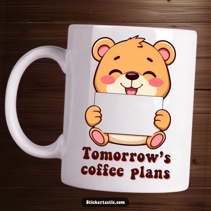 Funny bear mug featuring a mischievous character with a wide grin, proudly holding up a blank sticker, ready for customisation and fun.
