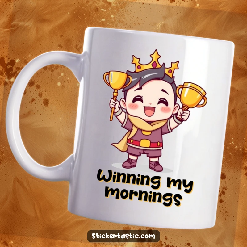 Funny mug illustration of a victorious cartoon character striking a triumphant pose with a shiny trophy, exuding confidence.