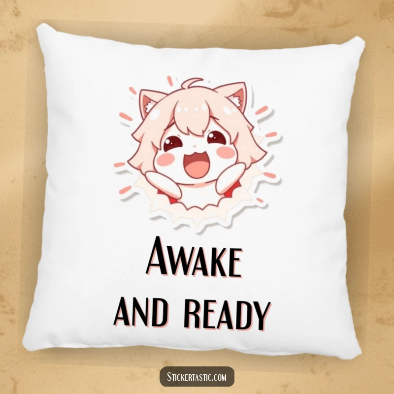 Funny Pillow: Excited character bursting out of a sticker, radiating joy and surprise. Ideal funny gift.