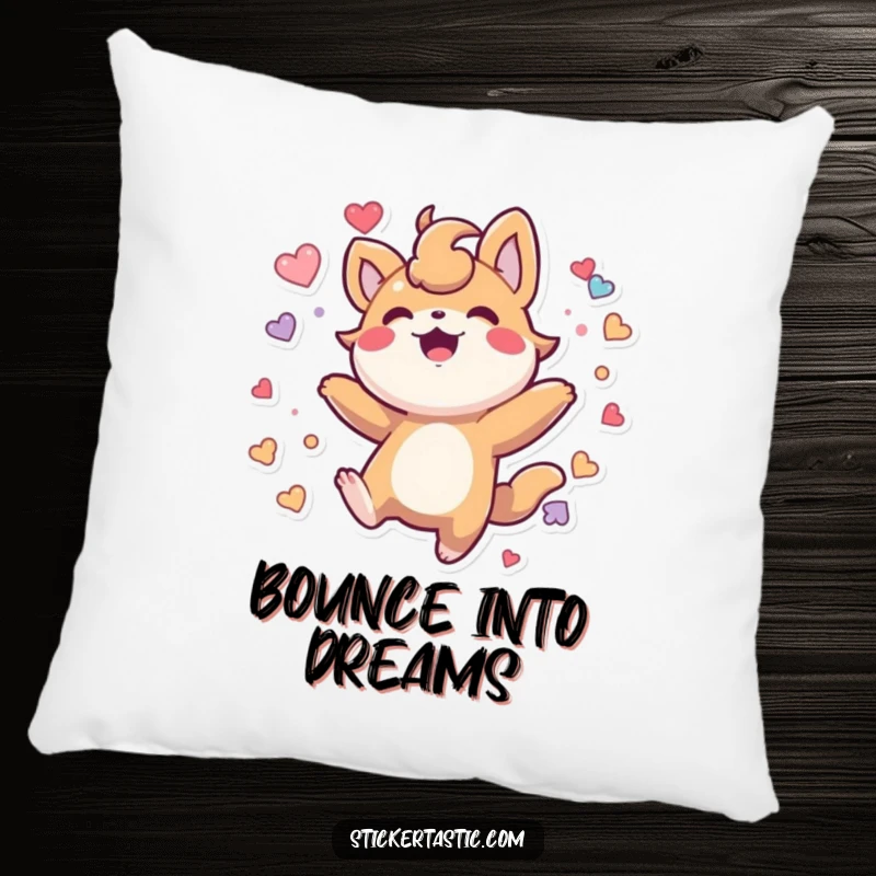 Funny Pillow: Soft, plush creature bouncing joyfully, covered in fun stickers, ideal for cuddles.