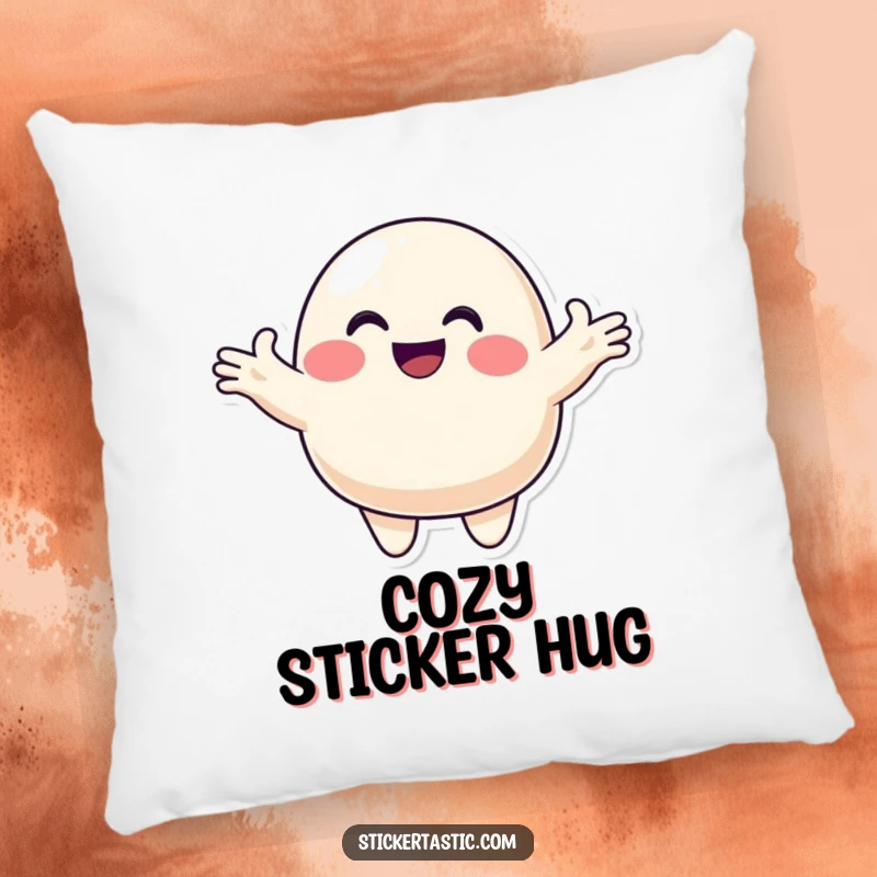 Funny blob pillow featuring a smiling character offering a colorful sticker, providing a soft and humorous accent for sofas or beds, symbolizing warmth.