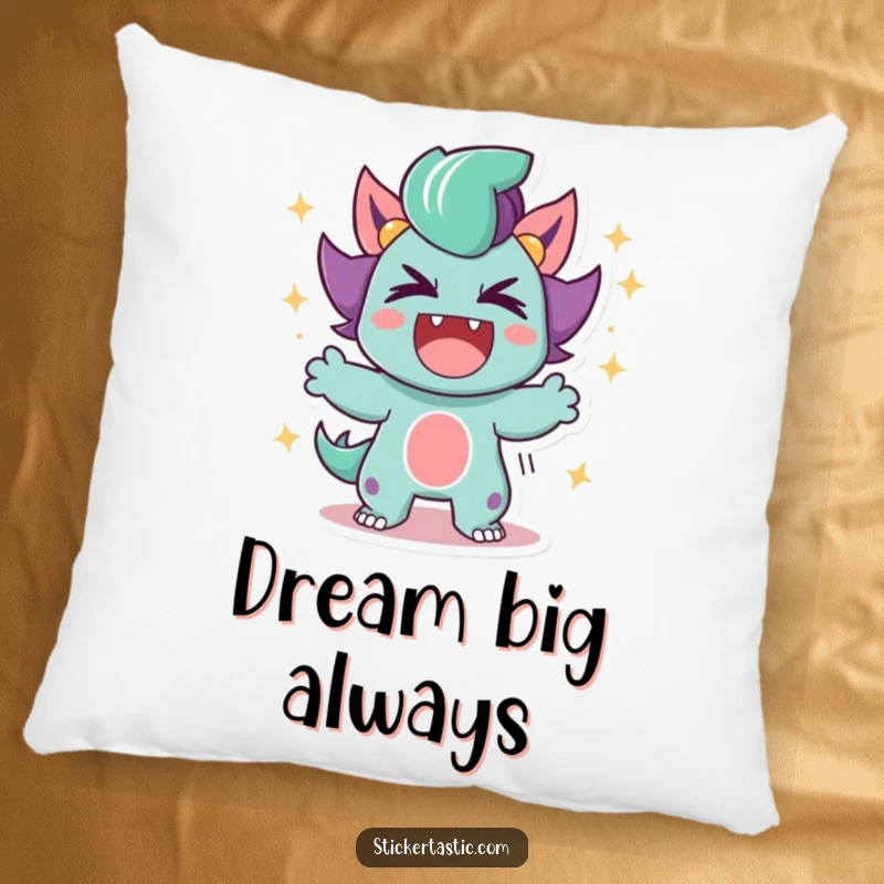 Funny Pillow depicting a triumphant roar from a character, surrounded by shimmering sparkles, offering comfort and empowerment.