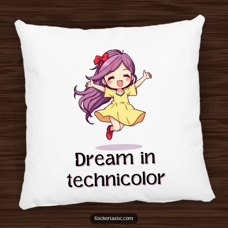 Funny Pillow with a character in a wild dance, leaving a vibrant color streak, adding a touch of playful art to home decor.