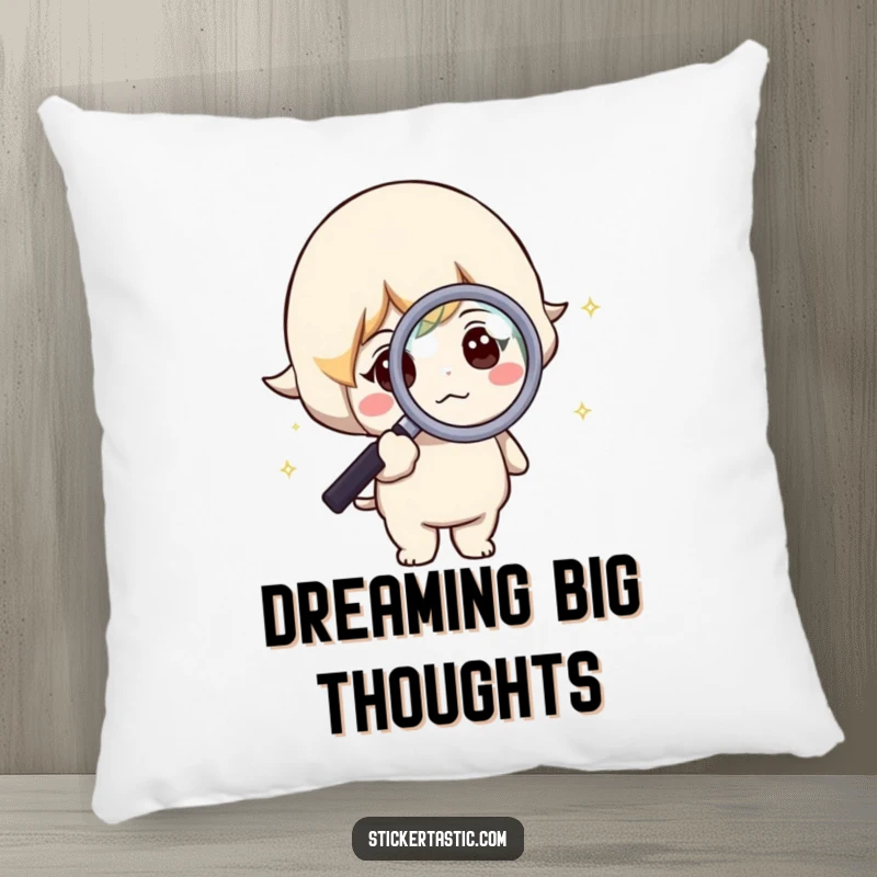 Funny pillow featuring a curious character intensely observing a sparkle through a magnifying glass. Comfort meets contemplation.
