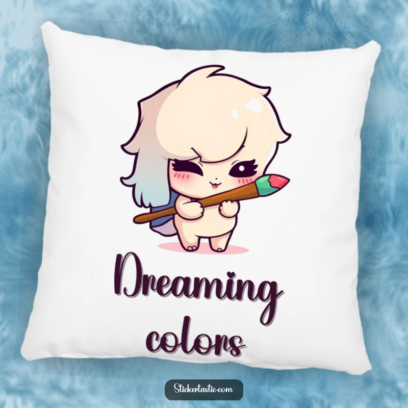 Funny pillow design of a mischievous cartoon character winking while holding a rainbow paintbrush, adding comfort and artistic flair.