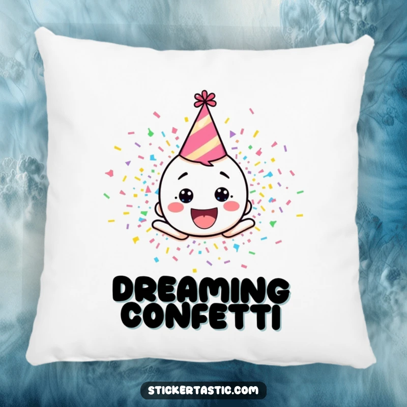 Funny pillow design of a happy cartoon character in a party hat, exploding with colorful confetti, adding comfort and cheer.