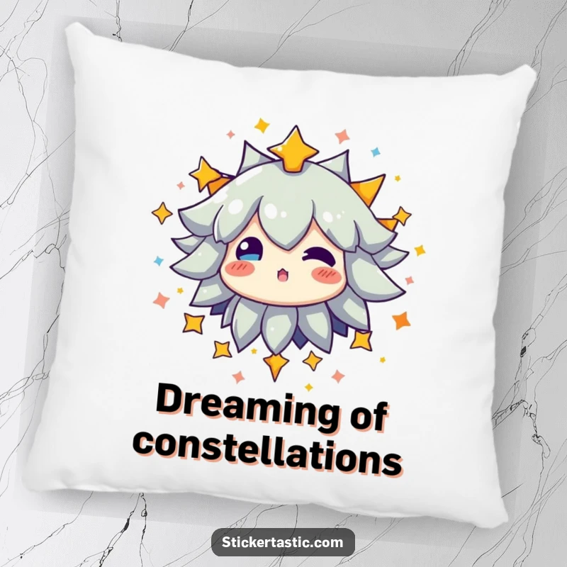 Funny pillow depicting a character surrounded by a vibrant explosion of colorful stars, radiating a gentle glow.