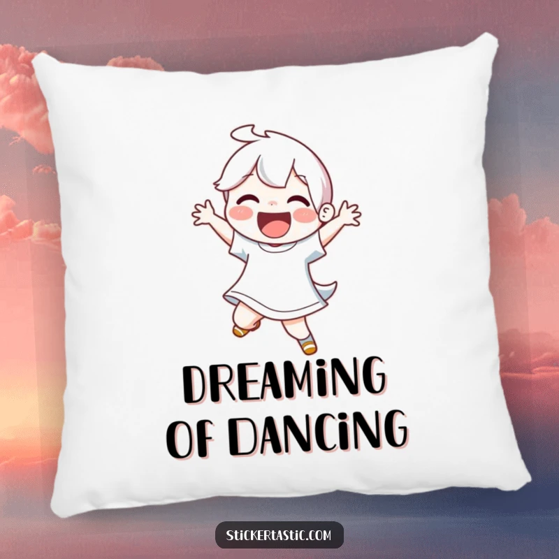 Funny pillow featuring a joyful character in a dynamic, energetic dance pose. Soft and humorous decorative item.