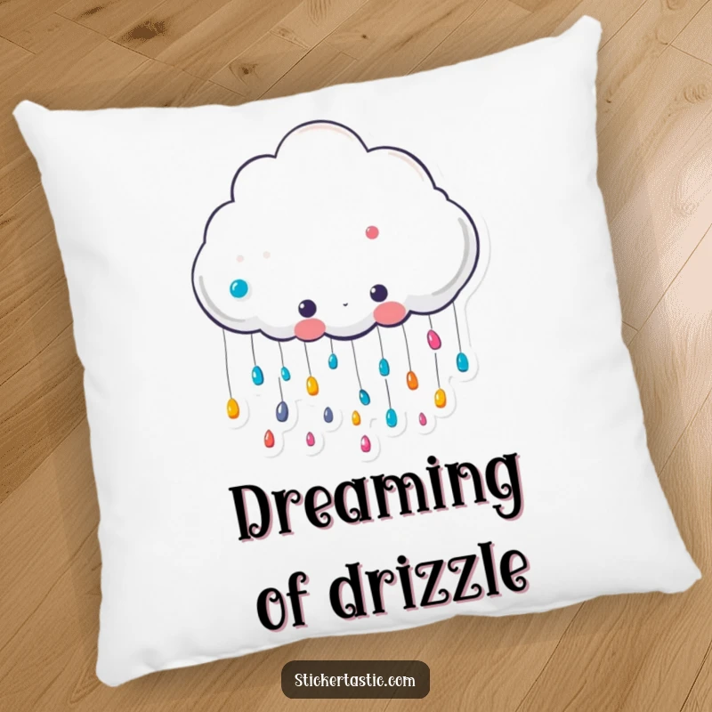 Funny cute cloud character raining colorful stickers pillow, a smiling cloud showering stickers, perfect for funny, cozy, and charming home accents.