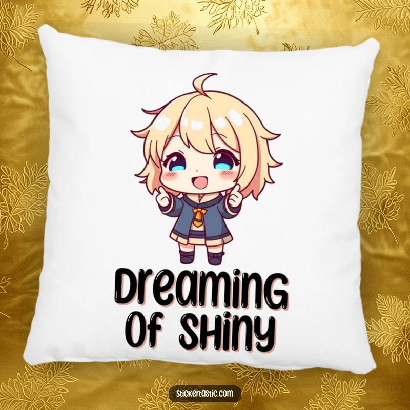 Funny Pillow: Happy character proudly showing off a shiny new sticker, looking content. Ideal funny gift.