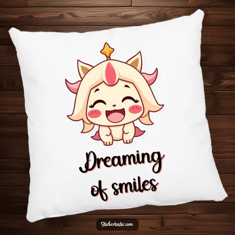 Funny Pillow featuring a stylized character with a wide, beaming smile, offering comfort and a touch of playful happiness.