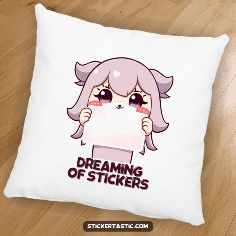 Funny Grinning Character Pillow: A soft pillow depicting a cute character with a wide, surprised grin holding a sticker.