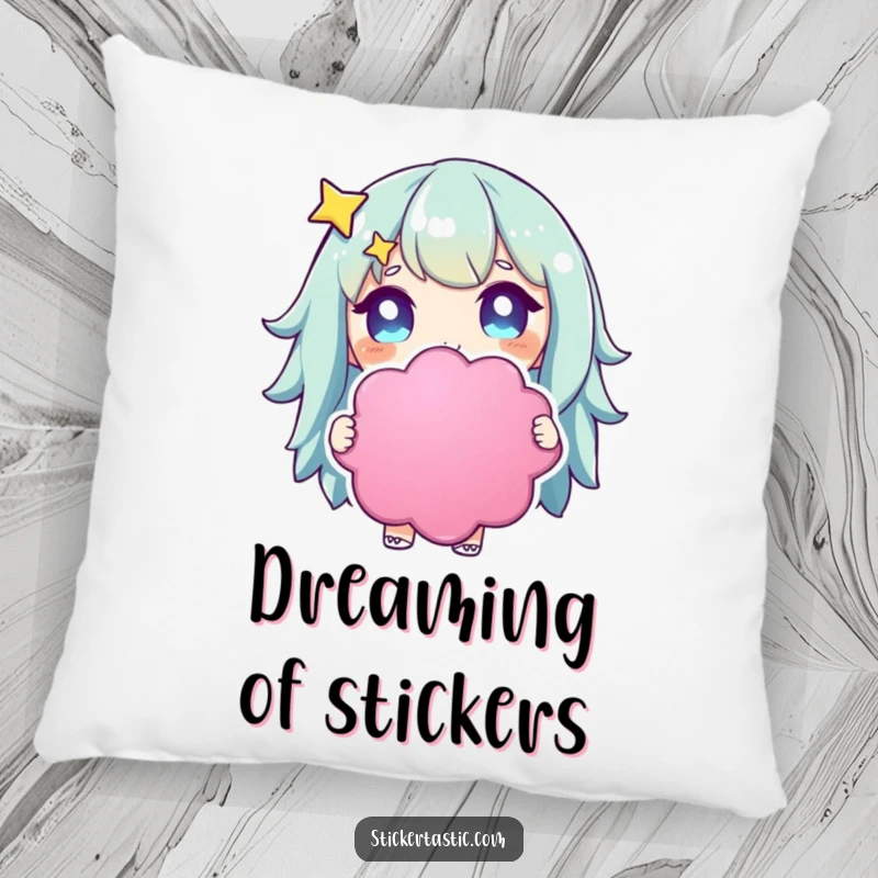 Funny starry-eyed character pillow with a character holding a large, colorful sticker, eyes sparkling with delight.