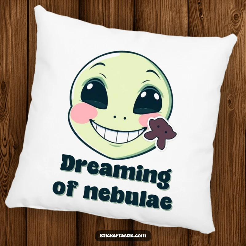 Funny grinning alien face with a sticker on its cheek pillow, a comical alien with a sticker and a wide smile, perfect for funny, cozy decor.