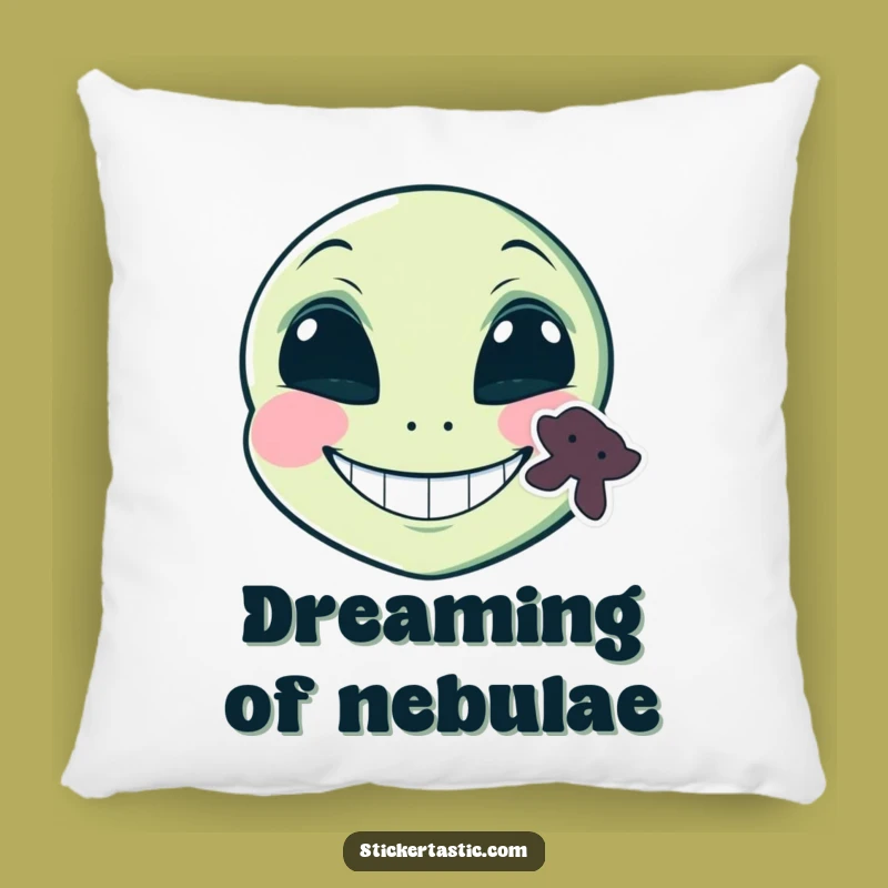 Funny Alien Sticker Pillow: Grinning Face Comfort - Hilarious Home Accent!