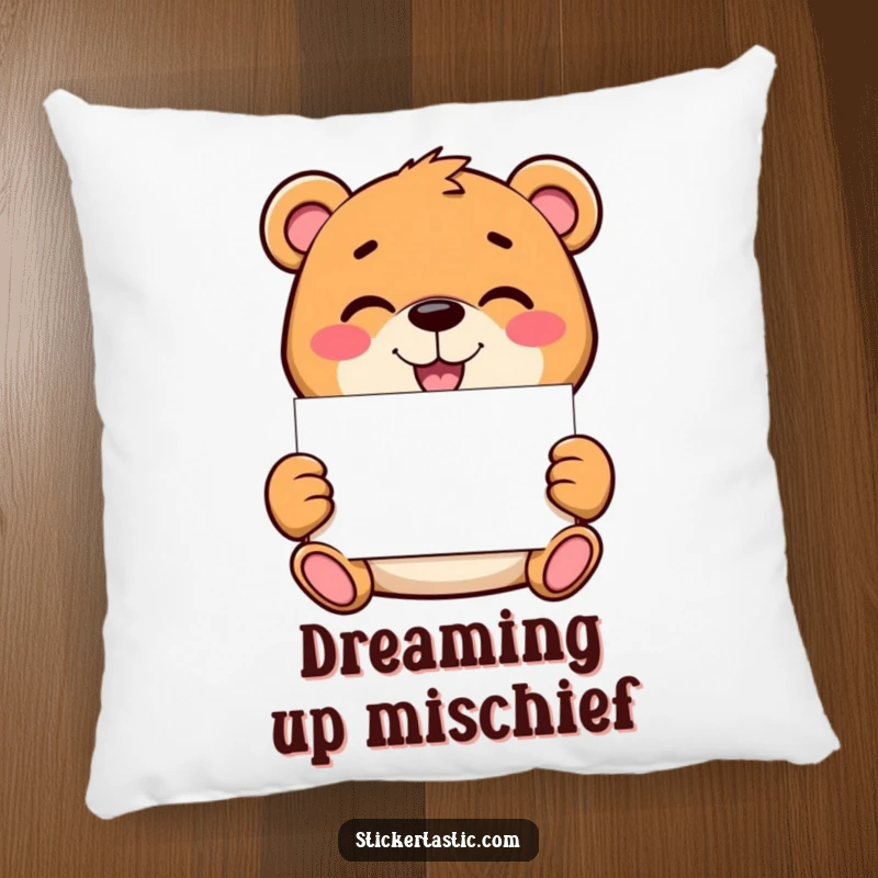 Funny bear pillow featuring a mischievous character holding a blank sticker, providing a soft and humorous accent for sofas or beds, ready for customization.