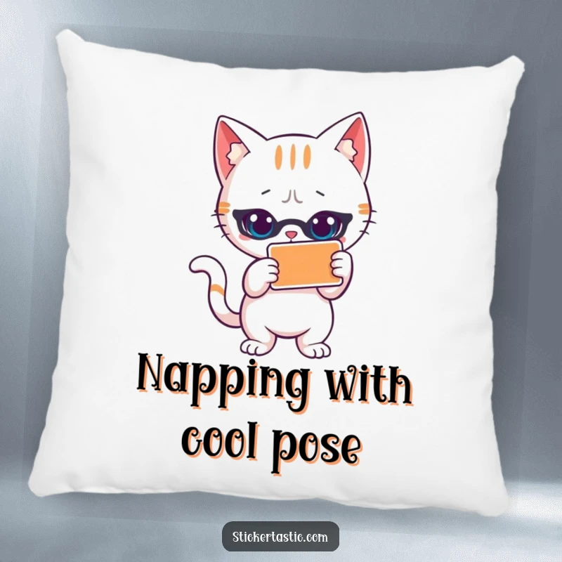 Funny cat pillow with a cool cat striking a pose beside a sticker. Provides comfortable seating and a touch of feline coolness.
