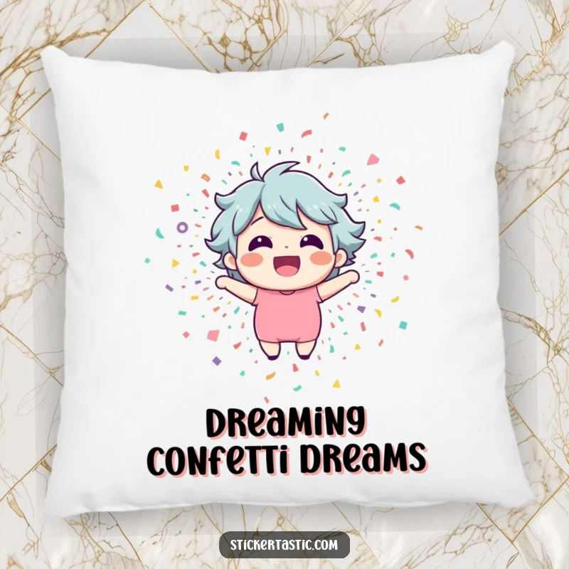 Funny pillow featuring a happy character bursting from a confetti explosion. Soft and humorous decorative item.