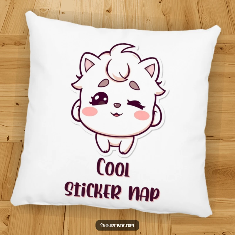 Funny pillow showcasing a character wiggling eyebrows under a cool sticker, perfect for adding playful charm and comfort.