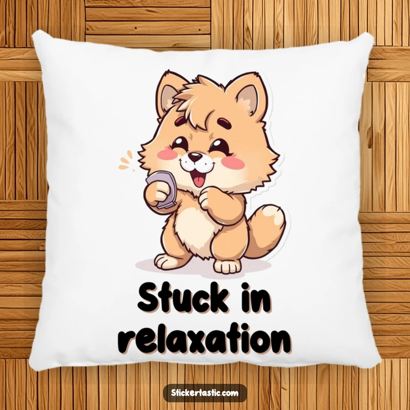 Funny furry character enthusiastically slapping a sticker onto a surface on a plush pillow, perfect for lounging and humor.