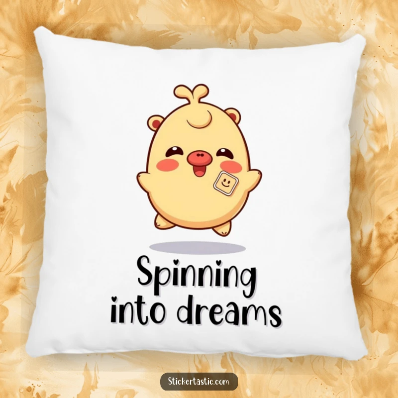 Funny giggling pillow featuring a character spinning with a sticker playfully on its nose, offering cozy, cheerful, and humorous comfort.