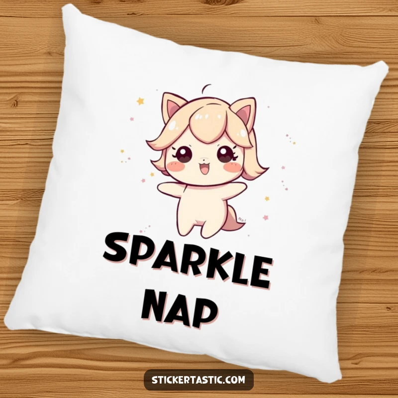 Funny Pillow: A playful character leaving a trail of glittery dust, offering cozy magic and charm. A great funny gift.
