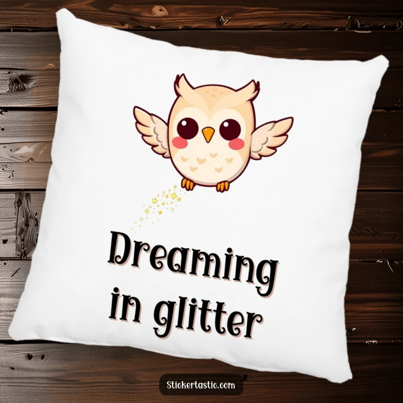 Funny Joyful Owl Pillow: A soft pillow featuring a happy owl flying with a magical trail of glitter, perfect for enchanting naps.