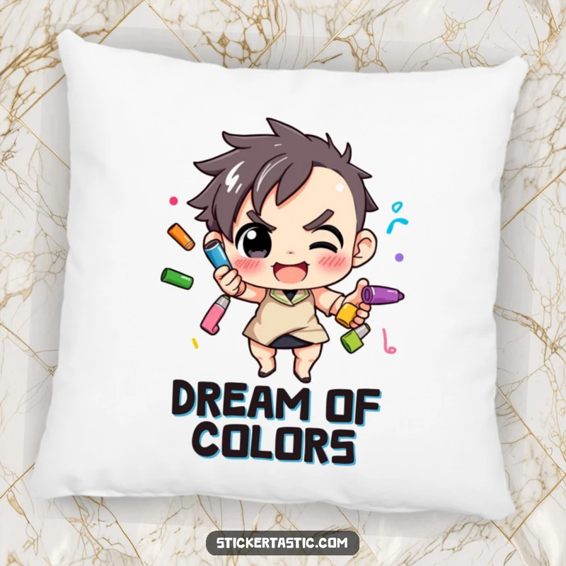 Funny Pillow: Character demonstrating impressive marker juggling skills, offering comfort and artistic inspiration. A great funny gift.