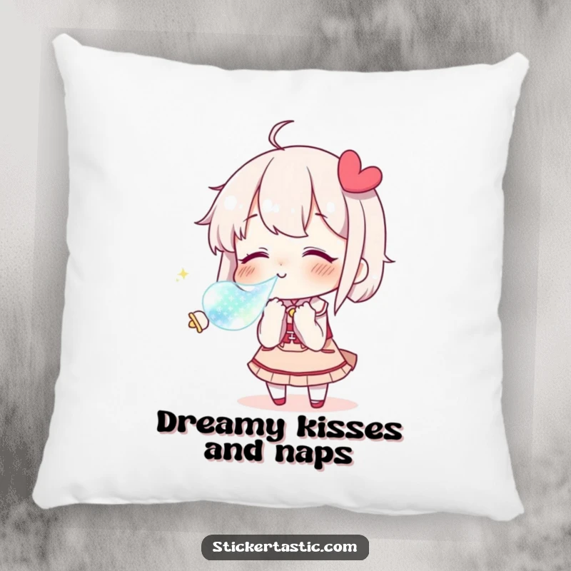Funny Pillow featuring a character blowing a kiss towards a shimmering sticker, ideal for cozy, affectionate humor.