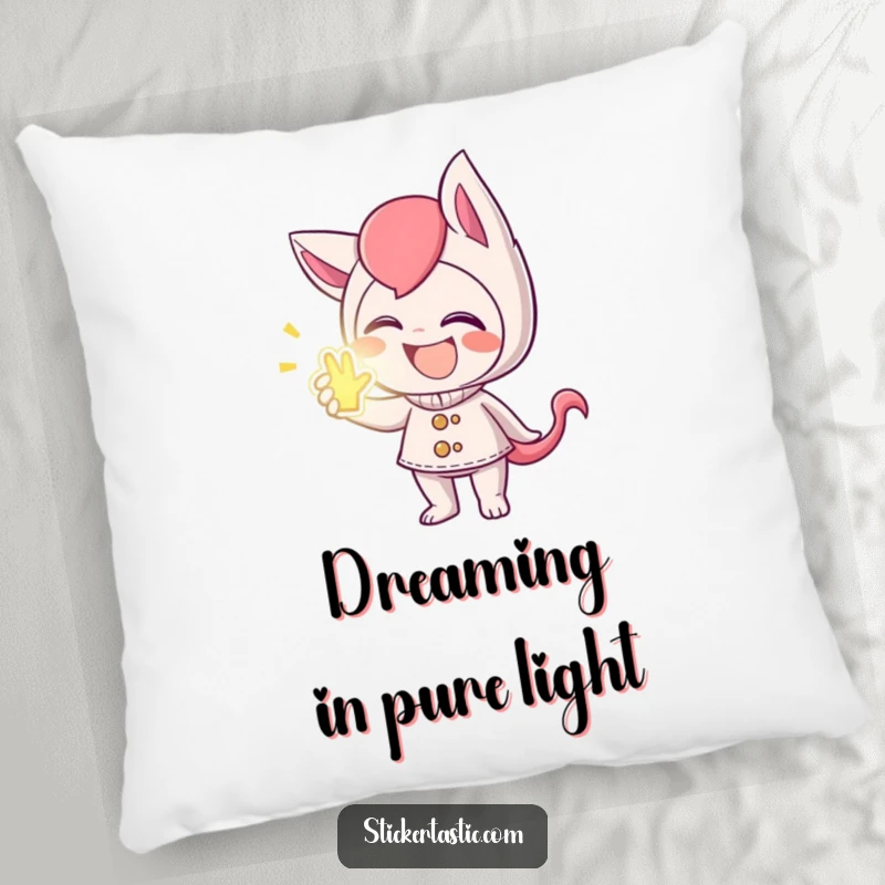 Funny pillow featuring a mischievous giggling character offering a glowing sticker, enhancing comfort with humor.