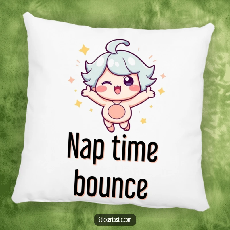 Funny Pillow: A delightful character bouncing with glee, accented by shimmering sparkles, offering cozy comfort and visual delight. Great funny gift.