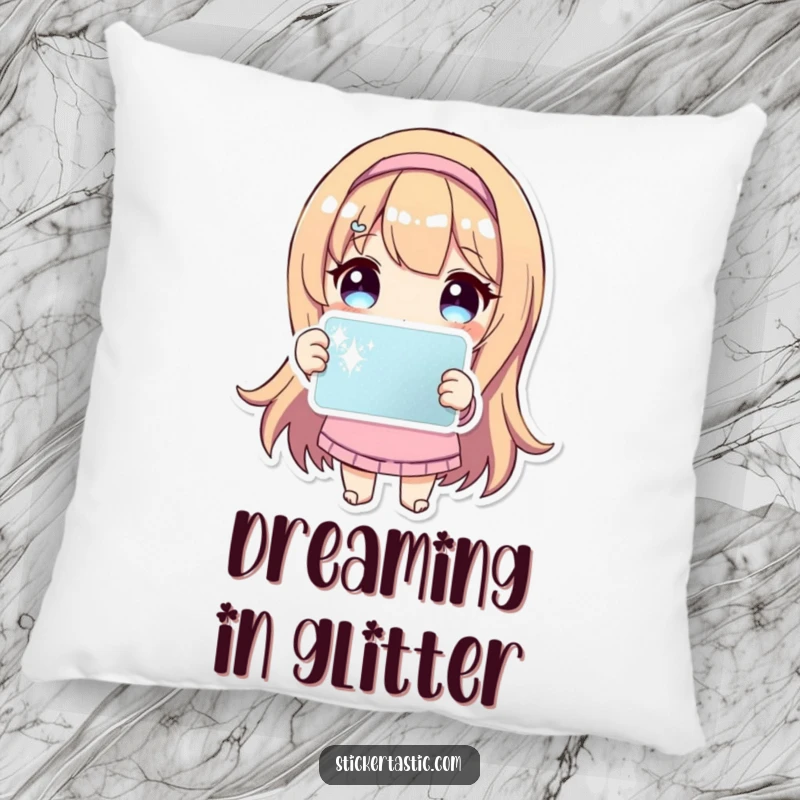 Funny Pillow: Plush character holds a dazzling, sparkling sticker, offering comfort and cheerful room decor.