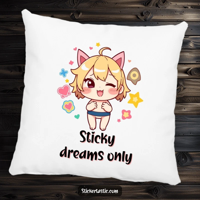 Funny Pillow: Mischievous character winks while juggling colorful stickers, offering comfort with a humorous, playful touch.
