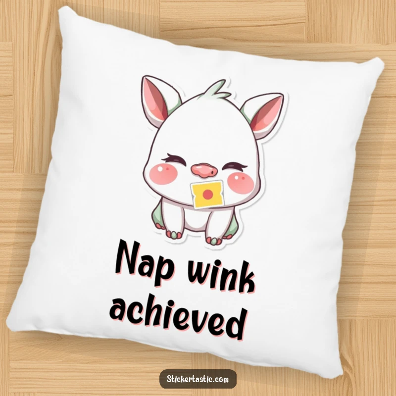 Funny creature winking playfully with a sticker stuck to its nose on a plush pillow, perfect for lounging and humor.