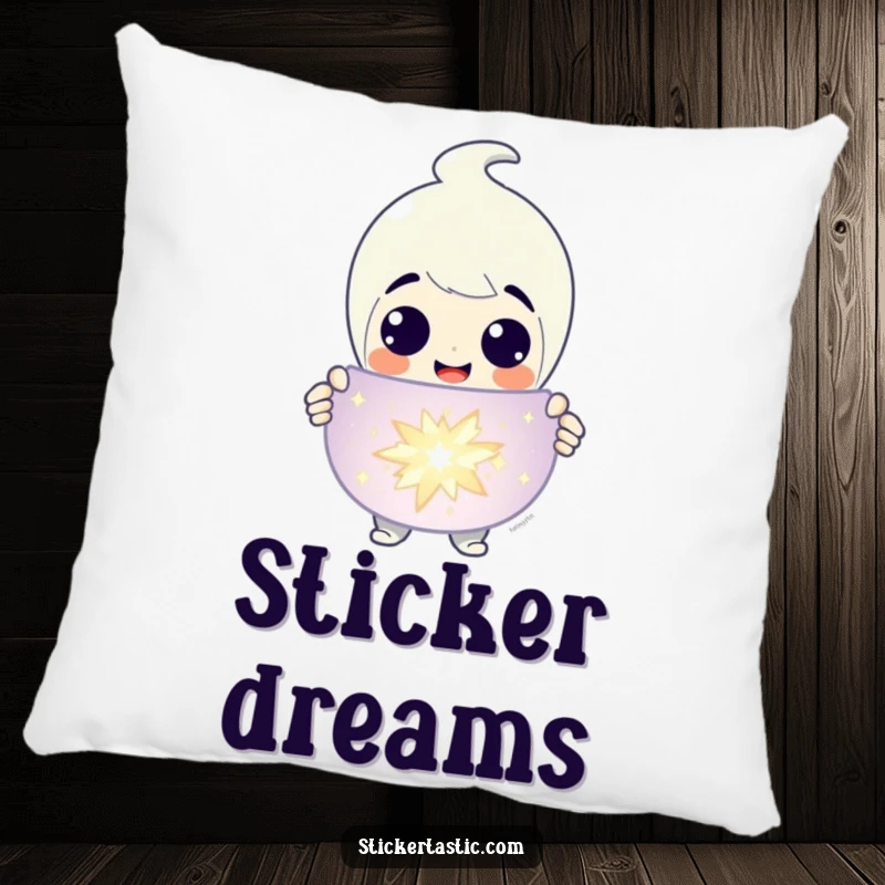 Funny Pillow: A grinning character presenting a large, sparkling sticker, offering comfort and cheer. A great funny gift.